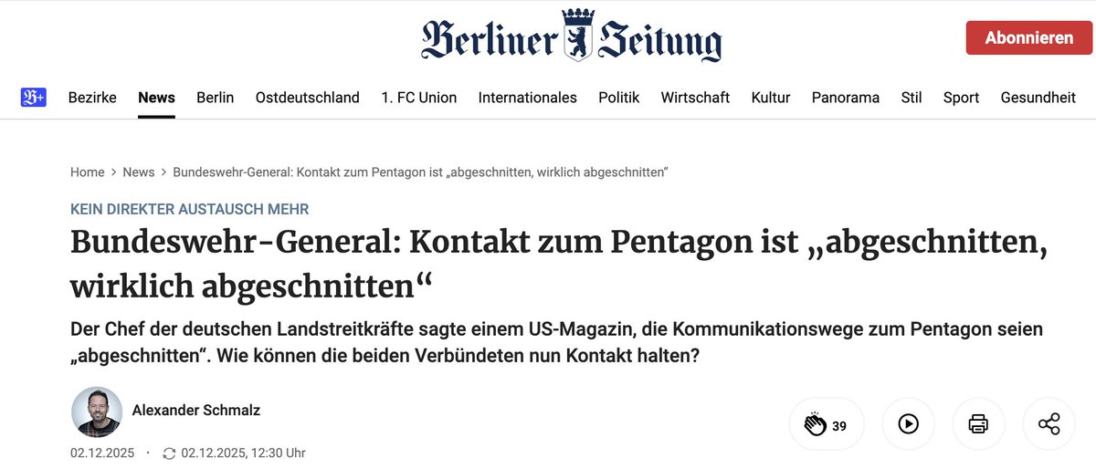 "Pentagon bricht Kommunikation mit deutschem Verteidigungsministerium ab... auch die Kommunikation in Bezug auf die Ukraine.... Washington reagiere einfach nicht mehr."
Das ist eine spannende Entwicklung. Hat der Schritt etwas mit den Friedensverhandl. zu tun? Oder...?