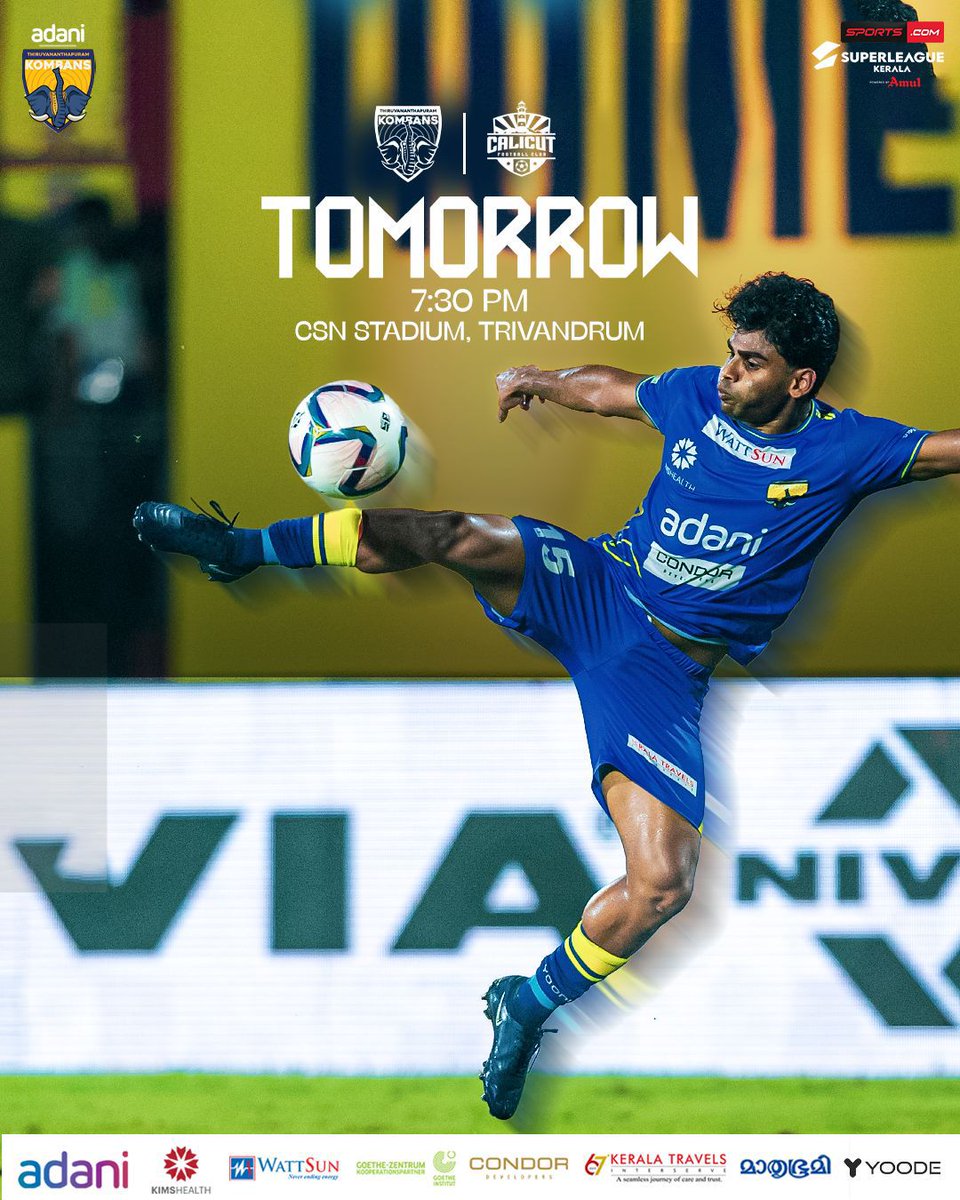 Tvmkombansfc's tweet photo. Tomorrow ⏩️ | amanhã

Calicut FC
🗓️ Dec 3rd, 2025 | 7:30 pm
🏟️ CSN Stadium, Trivandrum

Watch live on https://t.co/TYwaqVqFlT

#ennumkombans #kombansfc #superleaguekerala #thiruvananthapuramkombansfc

@slk_kerala @AdaniOnline @AdaniSportsline @hospital_kims @JPMcAloon @fni @StarFootball
@footballdaily @Goal_India @KhelNow @IMinnows
@IFTWC