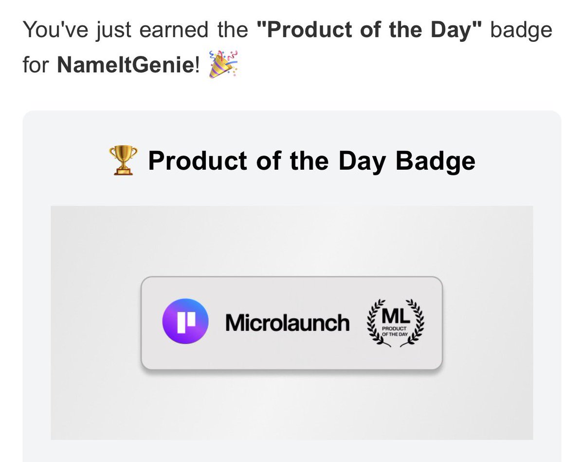 nameitgenie's tweet image. NameItGenie just got crowned Product of the Day on @MicroLaunch! 🚀

Big thank you to the makers, founders, and indie hackers showing love for AI-powered naming. If you’re building something new, give it a try and drop your next big idea below 👇

nameitgenie.ai…