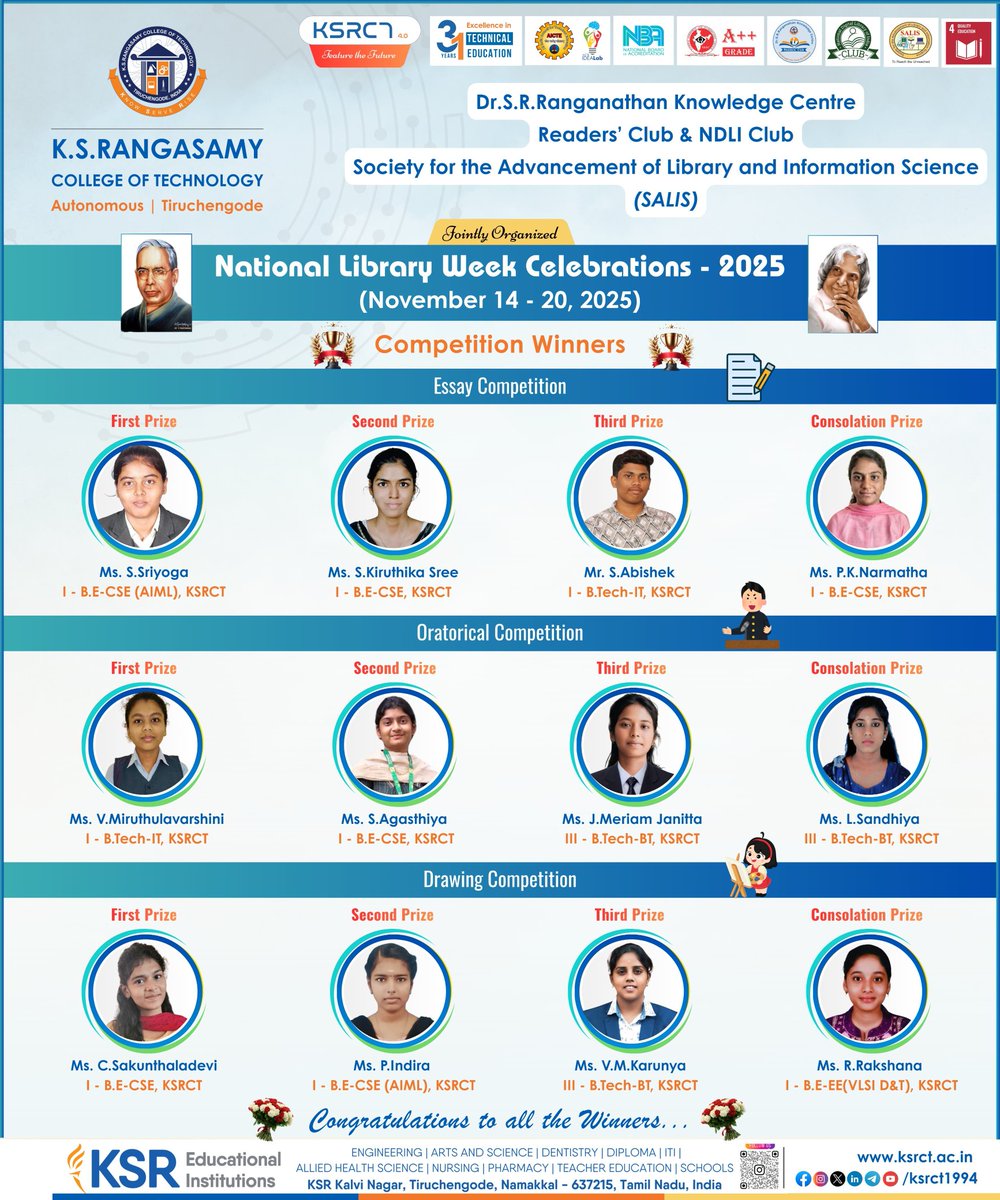 ksrct1994's tweet image. &quot;National Library Week Celebrations 2025&quot; Organised by Dr.S.R.Ranganathan Knowledge Centre &amp;amp; Reader’s Club Jointly with SALIS, Chennai

#ksrct1994 #ksr #ksrei #NationalLibraryWeek2025 #SRRanganathanKnowledgeCentre #ReadersClub #SALISChennai
#Essay #Oratorical #Drawing #Library