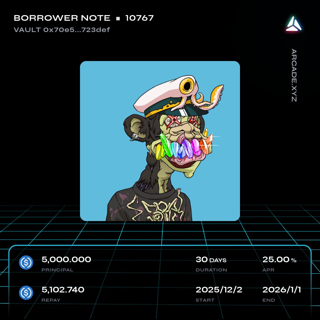 ArcadeAlert's tweet image. 🚨 Arcade.xyz NFT Loan Alert 🚨

New Loan Started on a Vault 

@Arcade_xyz - app.arcade.xyz/terms/loan/0x8…