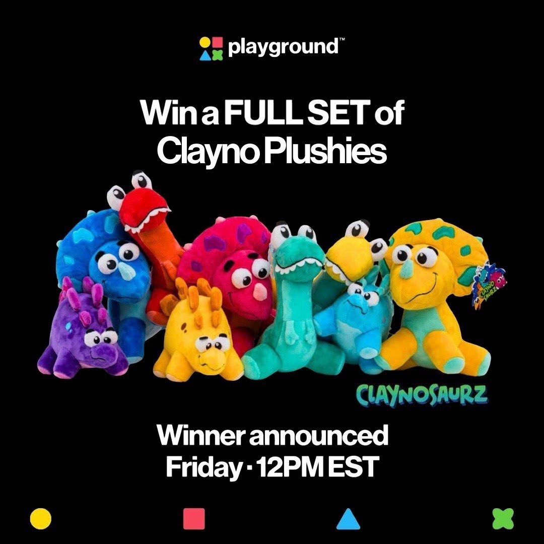 Clayno FULL SET Plushie Giveaway 🦕🔥

Yes, we’re giving away the entire plush lineup. 9 Clayno Plushies will be getting a new home 🙌

How to enter:
• Follow <a href="/PlaygroundDrops/">Playground</a>
• Follow <a href="/Claynosaurz/">Claynosaurz</a>
• Like + Repost
• Tag 3 collectors

🟡🟥🔼✖️

Ends Friday • 12PM EST