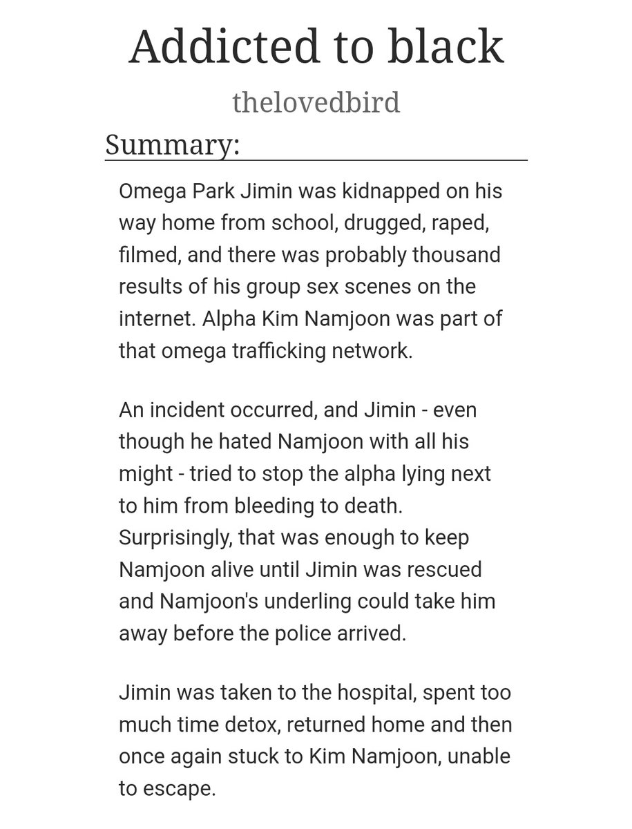 "Addicted to black"

Words: 84.5k
by thelovedbird (on ao3)

💕 archiveofourown.org/works/20583374…