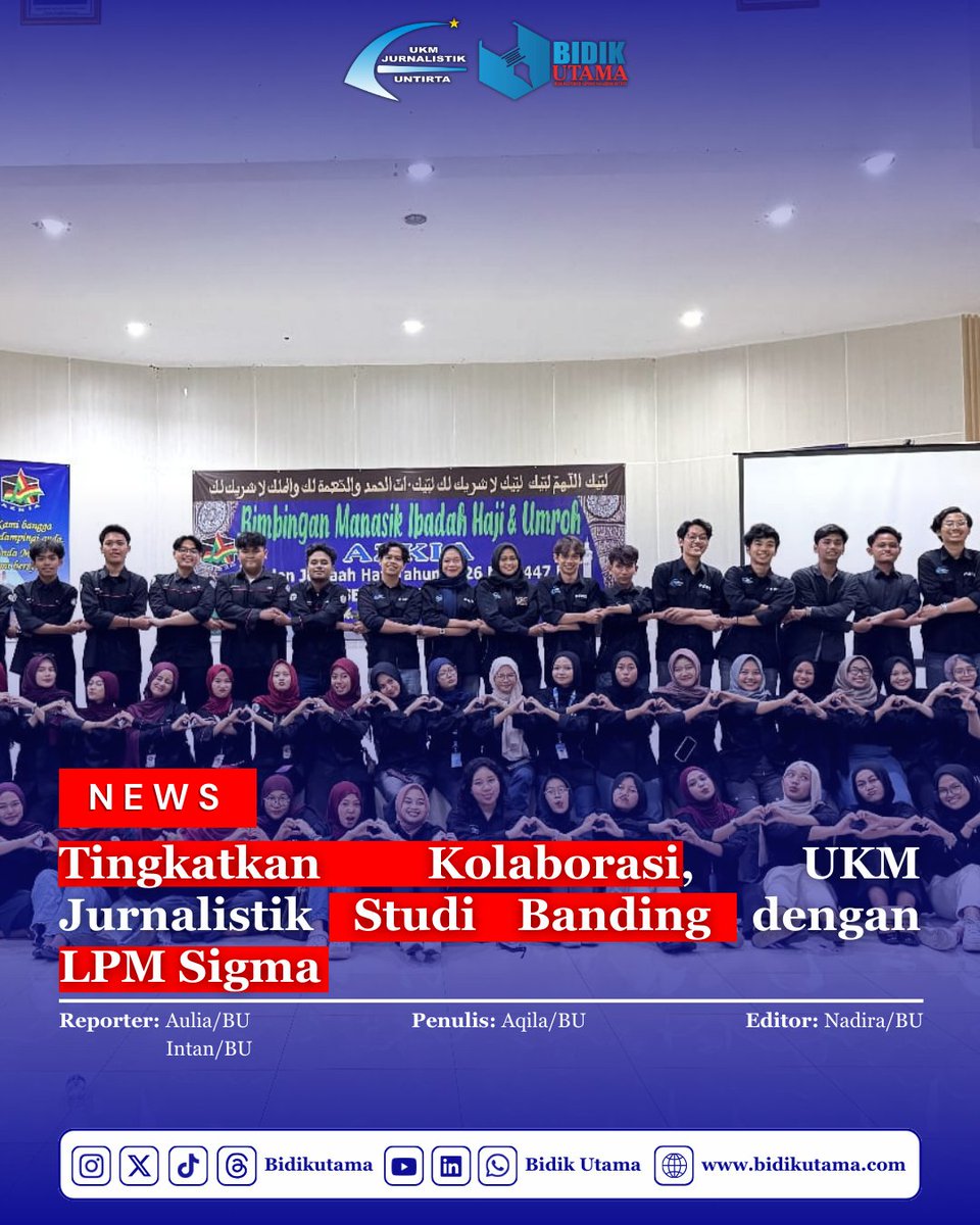 BidikUtama's tweet photo. https://t.co/JHyTZdT51o – Unit Kegiatan Mahasiswa (UKM) Jurnalistik Universitas Sultan Ageng Tirtayasa (Untirta) atau disebut Lembaga Pers Mahasiswa (LPM) Bidik Utama telah melakukan studi banding dengan LPM Sigma Universitas Islam Negeri...

Selengkapnya: https://t.co/DJIw039isC https://t.co/VPD8ckjdSv