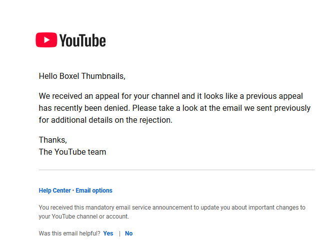 Day 30 of being terminated wrongfully Terminated.

<a href="/TeamYouTube/">TeamYouTube</a> is ignoring because i am small.
<a href="/YouTubeInsider/">YouTube Liaison</a> lied even though countless channels came back after getting viral.

the only way to get a "fair review" is to get viral.

these guys were told decisions was final but