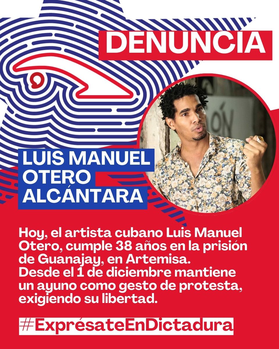 🚨 <a href="/LMOAlcantara/">Luis M. Alcantara</a> cumple hoy 38 años injustamente encarcelado en Guanajay, Artemisa.

Artista, activista y preso de conciencia de <a href="/amnesty/">Amnesty International</a>, fue detenido en 2021 por defender la libertad de expresión en Cuba de forma sistemática. 

Desde el 1/12 está en ayuno exigiendo su libertad.