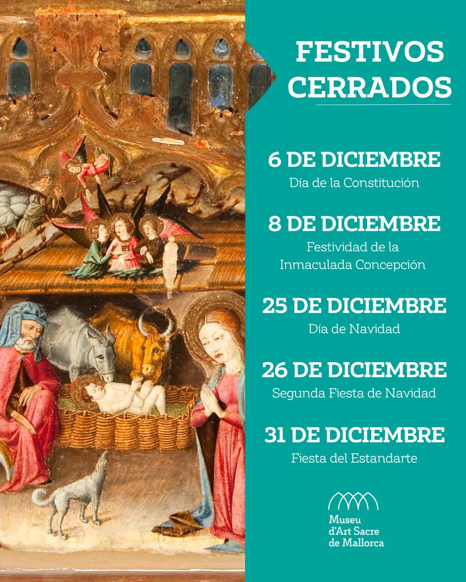 museuartsacre's tweet photo. Preneu nota!✍️
Aquí us compartim el calendari de festius tancats d’aquest desembre.
Moltes gràcies per acompanyar-nos un any més. 
---
¡Tomad nota! ✍️
Aquí os compartimos el calendario de festivos cerrados de este diciembre.
Muchas gracias por acompañarnos un año más. https://t.co/kNyxvDSBMH