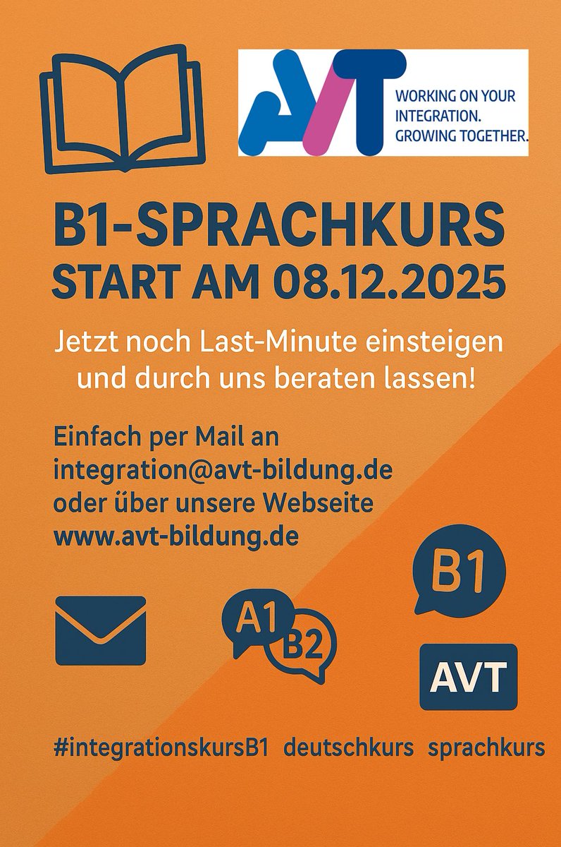 Am 08.12.2025 startet garantiert unser nächster B1-Deutschkurs (Integrationskurs) in Teltow.

✅ Noch Last-Minute Platz sichern
✅ Persönliche Beratung zur Teilnahme

Jetzt einfach Kontakt aufnehmen:
📧 Mail: integration@avt-bildung.de

🌐 Webseite: avt-bildung.de