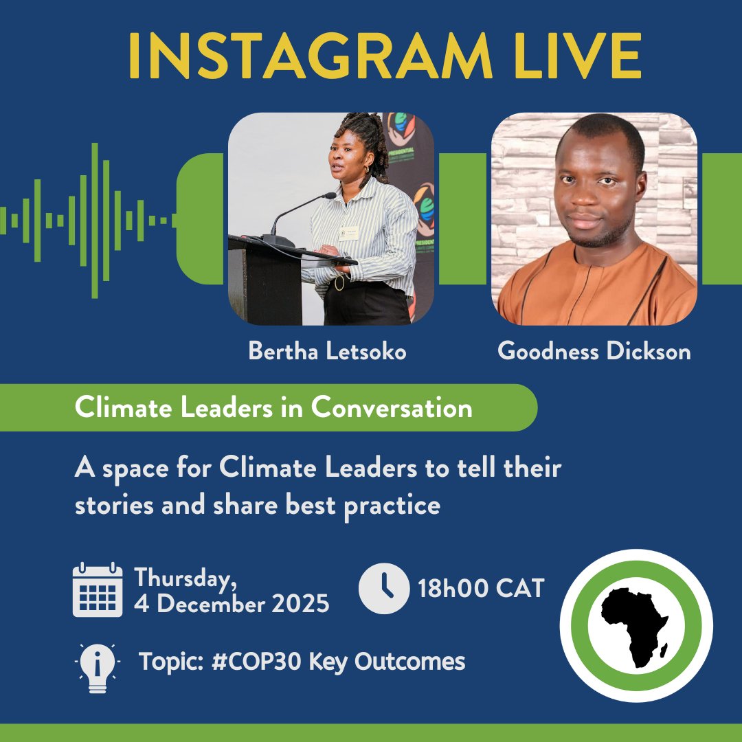 Meet the Speakers!

We're gearing up for our upcoming Instagram Live: Conversations with Climate Leaders.

This session will take a look at the key outcomes from #COP30, with Climate Leaders Bertha Letsoko and Goodness Dickson.

Bertha Letsoko is a Campaigner at the African