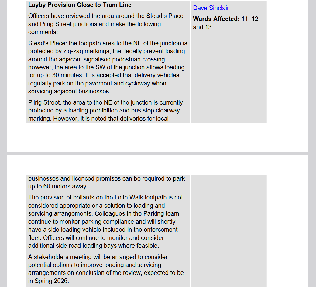 The Council's Enforcement dept have responded to my request for targeted bollards &amp; greater loading provision for businesses on Leith Walk below.

Re final para: it's been suggested that an on-site walk down the Walk is held with councillors, <a href="/leithcentralcc/">Leith Central Community Council</a>, &amp; <a href="/NTBCC/">New Town & Broughton CC</a> next year.