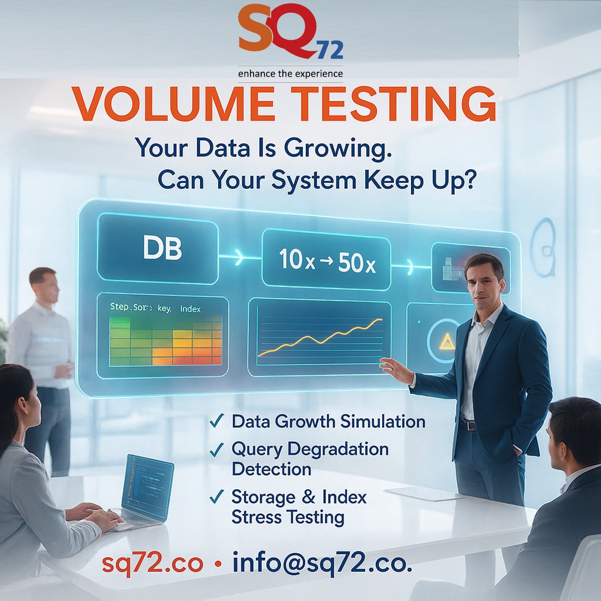 SQ72Testing's tweet image. Systems rarely fail from traffic — they fail from data growth.
Volume Testing reveals DB strain, slow queries, API latency, index issues &amp;amp; storage stress long before they break production.
SQ72 prepares your system to scale safely.
🔗 sq72.co
#devopspipeline
