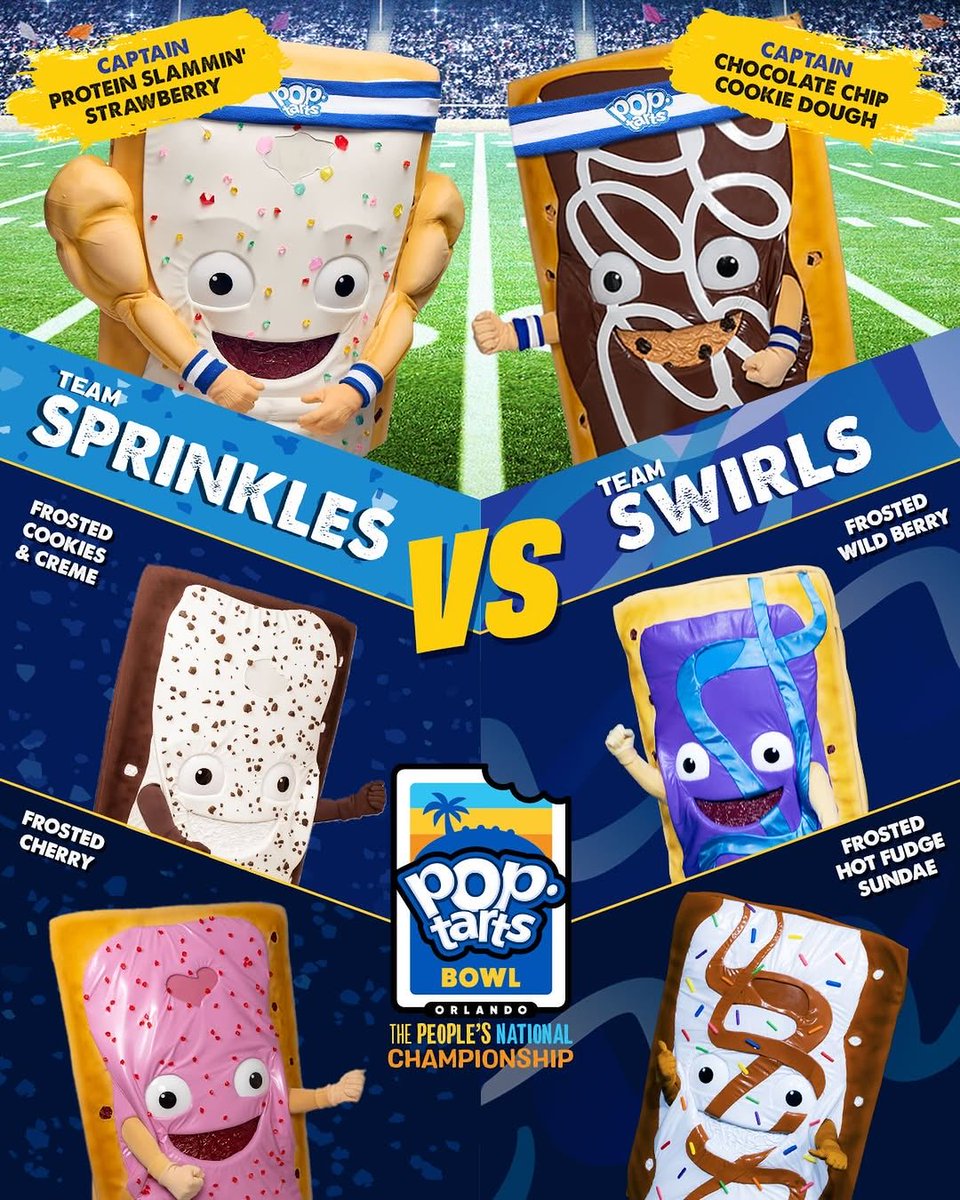 PopTartsBowl's tweet image. 🚨 𝗥𝗢𝗟𝗟 𝗖𝗔𝗟𝗟 🚨

Our edible mascots have officially reported for duty! Six flavors. Zero chill. Infinite aura.

Are you Team Sprinkles or Team Swirls? 

Join us on Dec. 27 at 3:30 p.m. in Orlando to find out who’s headed to Mouth Heaven next! #PopTartsBowl