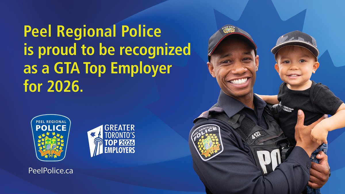 Peel Regional Police has been named one of Greater Toronto’s Top 100 Employers for 2026!

#GTATopEmployers #TopEmployers2026

READ MORE: ow.ly/EHOT50XAC2m