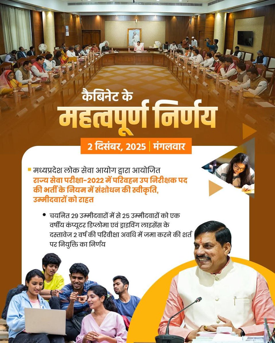 vaibhavpawarmp's tweet image. आदरणीय मुख्यमंत्री डॉ. मोहन यादव जी की अध्यक्षता में आयोजित कैबिनेट बैठक में लिए गए महत्वपूर्ण निर्णय!

@DrMohanYadav51
#CabinetMP
#CabinetDecisionsMP