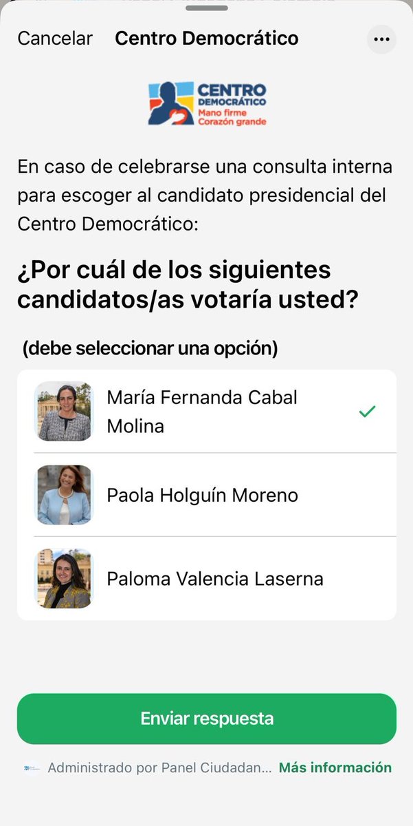 Mucha gente me dice por qué estoy con <a href="/MariaFdaCabal/">María Fernanda Cabal</a>. Y Yo respondo:

Es fundadora del <a href="/CeDemocratico/">Centro Democrático</a>, su familia ha estado refirme desde el principio con el presidente <a href="/AlvaroUribeVel/">Álvaro Uribe Vélez</a>.
Se ha dado una batalla impresionante en el congreso durante 12 años seguidos y ha sido la voz