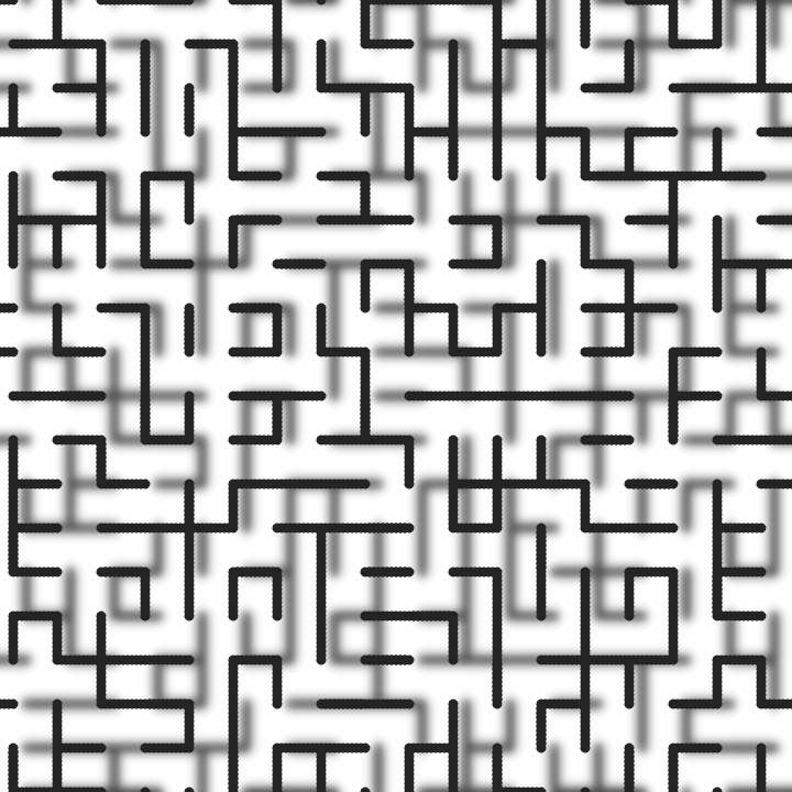 Hau_kun's tweet image. t=0
draw=_=&amp;gt;{t++||createCanvas(W=720,W)
background(W)
B=40
noStroke();
[8,4].map(s=&amp;gt;{filter(BLUR,s)+fill(s*9)
for(x=0;x&amp;lt;W;x+=B)for(y=-B;y&amp;lt;W;y+=B)for(d=0;d&amp;lt;B;d+=4)circle(x+s*3+cos(A=(0|(noise(x,y-int(t*s/B)*B,s)*9)%4)*PI/2)*d,y+s*3+sin(A)*d+t*s%B,9)})}
#つぶやきProcessing