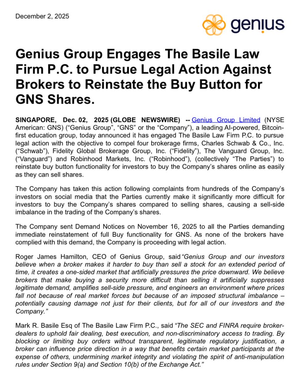 xMarketNews's tweet photo. BREAKING🚨 PUBLIC COMPANY TO TAKE LEGAL ACTION AGAINST ROBINHOOD, FIDELITY, AND MORE BROKERS

- Genius Group Announced Today It Is Pursuing Legal Action Against Brokers for Removing the Buy Button $GNS https://t.co/c2T90YGwFq