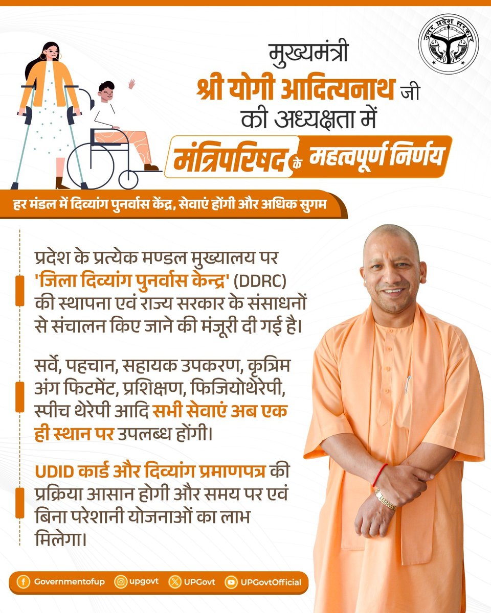 UPGovt's tweet image. #UPCM @myogiadityanath जी की अध्यक्षता में हुई मंत्रिपरिषद की बैठक में दिव्यांगजन कल्याण को समर्पित एक ऐतिहासिक निर्णय लिया गया...

प्रदेश के प्रत्येक मण्डल मुख्यालय पर &apos;जिला दिव्यांग पुनर्वास केन्द्र&apos; (DDRC) की स्थापना एवं राज्य सरकार के संसाधनों से संचालन किए जाने की मंजूरी दी…