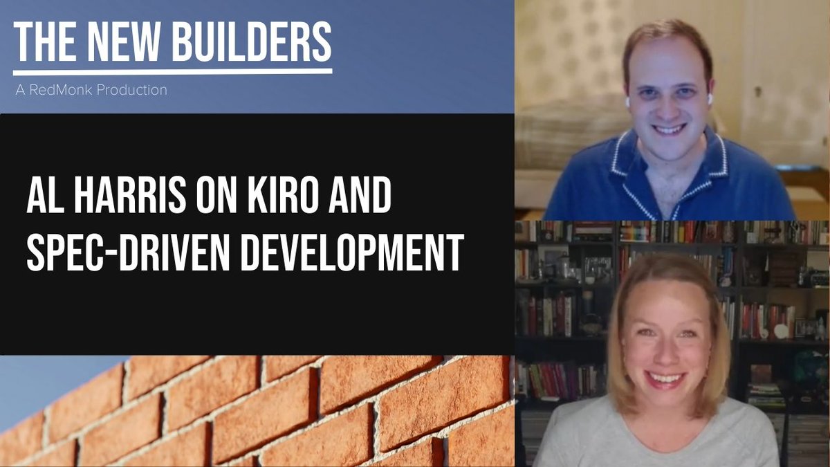 redmonk's tweet image. Hear Al Harris, Principal Engineer @ AWS, and @rstephensme discuss natural language systems aimed at helping developers translate specs into code and vice versa, especially as it relates to @awscloud’s agentic IDE @kirodotdev, in this New Builders. redmonk.com/videos/al-harr…