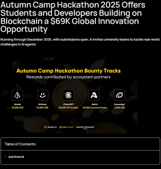 Imperial College × <a href="/BNBCHAIN/">BNB Chain</a> × <a href="/QuackAI_AI/">Quack AI</a> just dropped the biggest AI+Blockchain university hackathon of the year. 

$69K on the table, 5 insane bounty tracks, submissions close mid-Dec. The agent economy starts here.

Read the full report: byteonchain.news/autumn-camp-ha…
<a href="/Byteonchain/">Byteonchainnews</a>