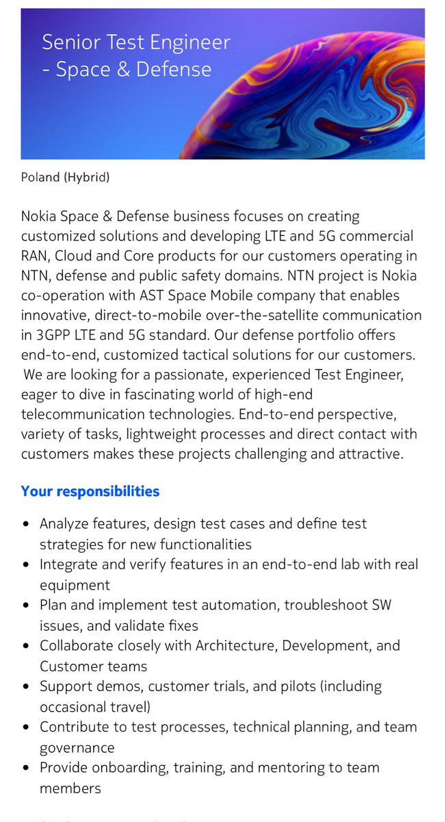 The_SPACTATOR's tweet image. $ASTS: Nokia Space &amp;amp; Defense recently opened 5 new career opportunities mentioning working with AST in the description.

Nokia Space &amp;amp; Defense Postings

▫️Senior Test Engineer 

▫️Senior Test Engineer SW Security

▫️Test Engineer

▫️Senior Software Engineer

▫️Software Engineer