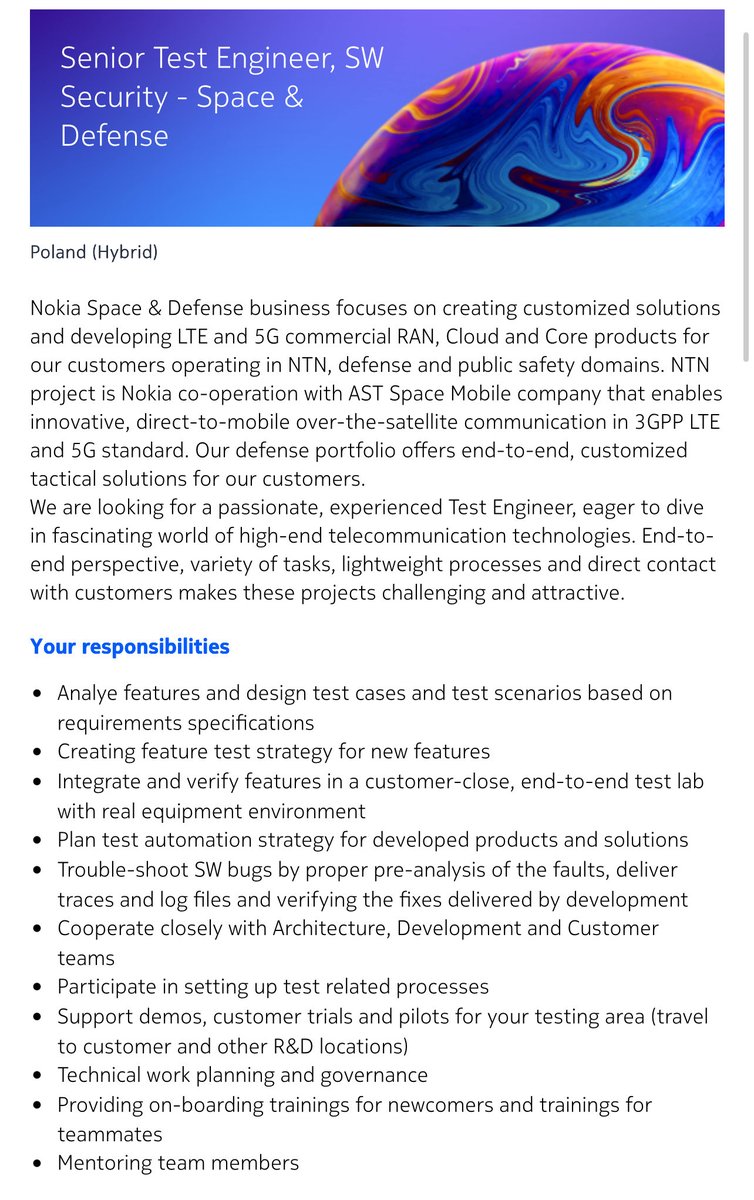 The_SPACTATOR's tweet image. $ASTS: Nokia Space &amp;amp; Defense recently opened 5 new career opportunities mentioning working with AST in the description.

Nokia Space &amp;amp; Defense Postings

▫️Senior Test Engineer 

▫️Senior Test Engineer SW Security

▫️Test Engineer

▫️Senior Software Engineer

▫️Software Engineer