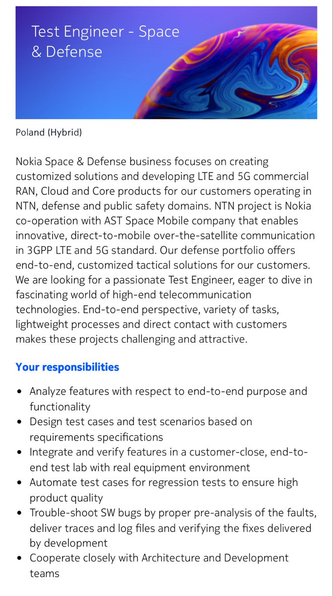 The_SPACTATOR's tweet image. $ASTS: Nokia Space &amp;amp; Defense recently opened 5 new career opportunities mentioning working with AST in the description.

Nokia Space &amp;amp; Defense Postings

▫️Senior Test Engineer 

▫️Senior Test Engineer SW Security

▫️Test Engineer

▫️Senior Software Engineer

▫️Software Engineer