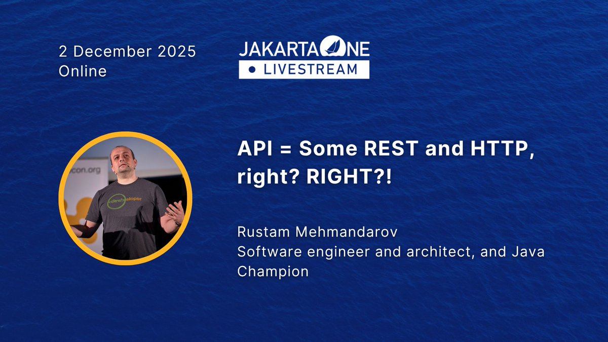 JakartaOneConf's tweet image. ☁️ Java Champion, GDE for Cloud, and Docker Captain, Rustam Mehmandarov, will speak soon at JakartaOne Livestream 2025!

🔴 Join him now: hubs.la/Q03Wdf2g0

#JakartaEE #opensource #CloudNativeJava #Java