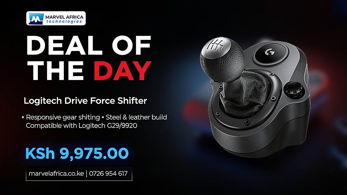Level up your sim racing realism! 🚦 The Logitech Drive Force Shifter is Deal of the Day: Ksh 9,975.00. Responsive gear shifting + steel/leather build.

Compatible with G29/920.

Shop now: marvelafrica.co.ke #SimRacing #Logitech #G29 #DealOfTheDay