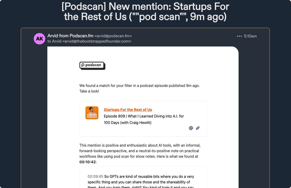 Podscan encontró una mención de Podscan en el minuto 11 de @startupspod, 9 minutos después del lanzamiento del episodio.