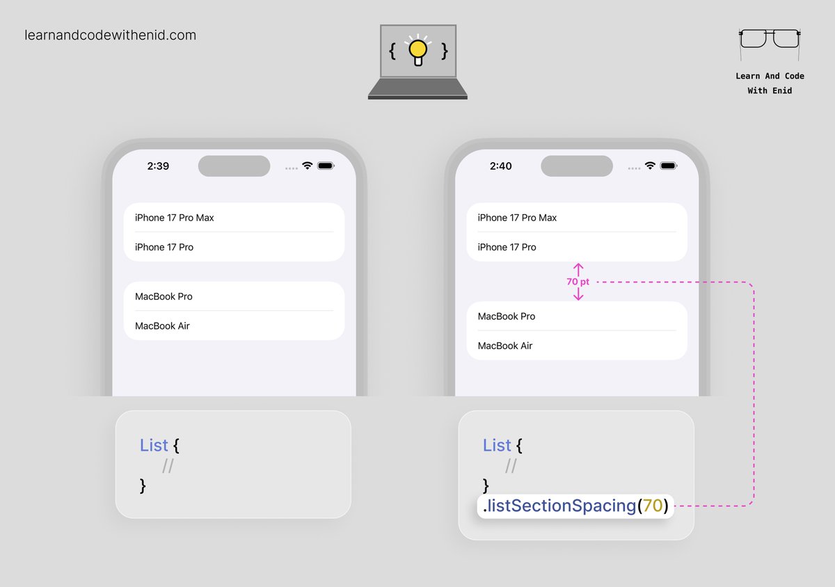 ios_dev_alb's tweet image. SwiftUI Tip 💡

In iOS 17.0+, use listSectionSpacing() to control the vertical space between sections in a List.

→ learnandcodewithenid.com