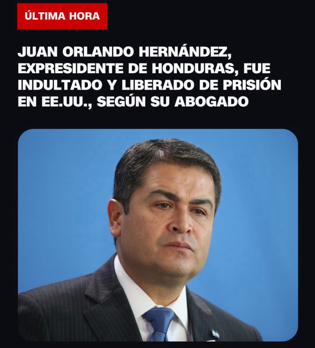 ElNecio_Cuba's tweet image. 🚨 INCREÍBLE, PERO CIERTO: Trump indulta y libera de prisión al capo narco hondureño Juan Orlando Hernández, quien estuvo vinculado al Chapo Guzmán y otros carteles del continente, por lo que fue juzgado y condenado en los propios EEUU. La «guerra contra el narco» es una MENTIRA.