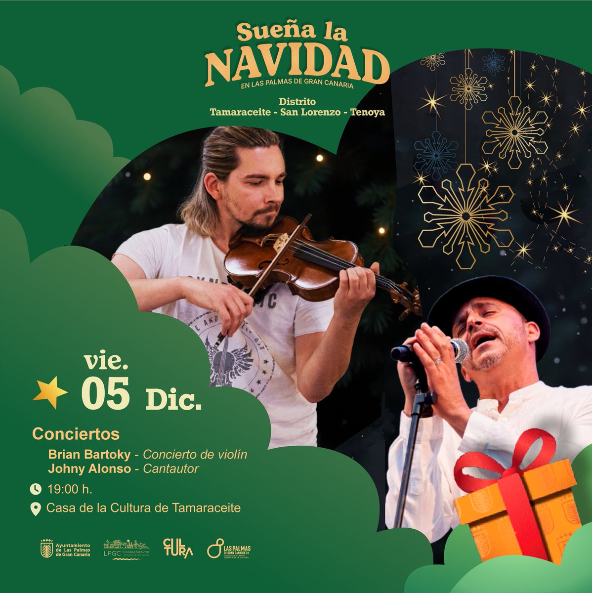 🎶 Este viernes te esperamos en la Casa de la Cultura de Tamaraceite para disfrutar del concierto de violín de Brian Bartoky 🎻 y de la voz del cantautor Johny Alonso 🎤.

¡Sueña la Navidad! 🌟

👉 Entrada libre hasta completar aforo.
📅 5/12
🕛 19 h

#distritotamaraceite