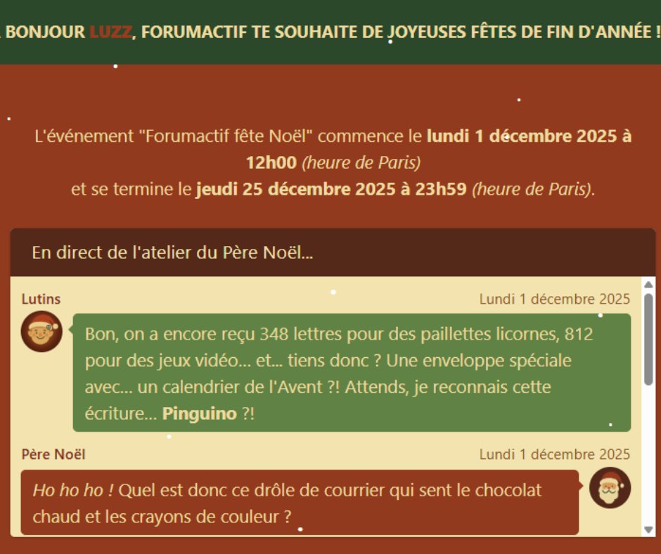 🎅 He Ho He Ho !  #Forumactif
Le Calendrier de l’Avent a commencé ! 🎁
⚠️ Lisez bien les règles… Les Lutins sont stricts 😉
forum.forumactif.com/t412469-concou…