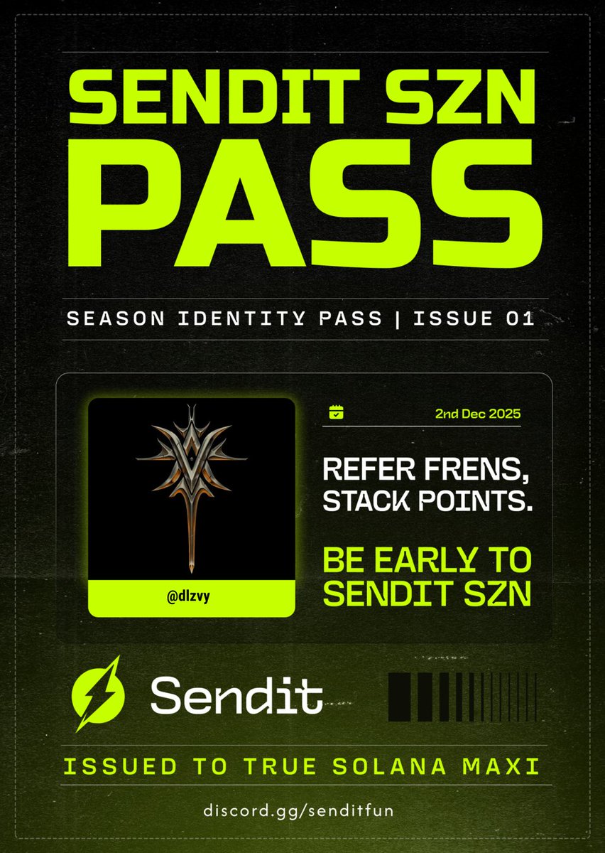 I have claimed my SendIt SZN Pass on <a href="/senditfun/">Sendit⚡</a>

Role unlocked: EARLY SENDOOOR

Access granted to SZN Points, referral tracking, and bonus tasks.
→ discord.gg/sFdpmwj9
