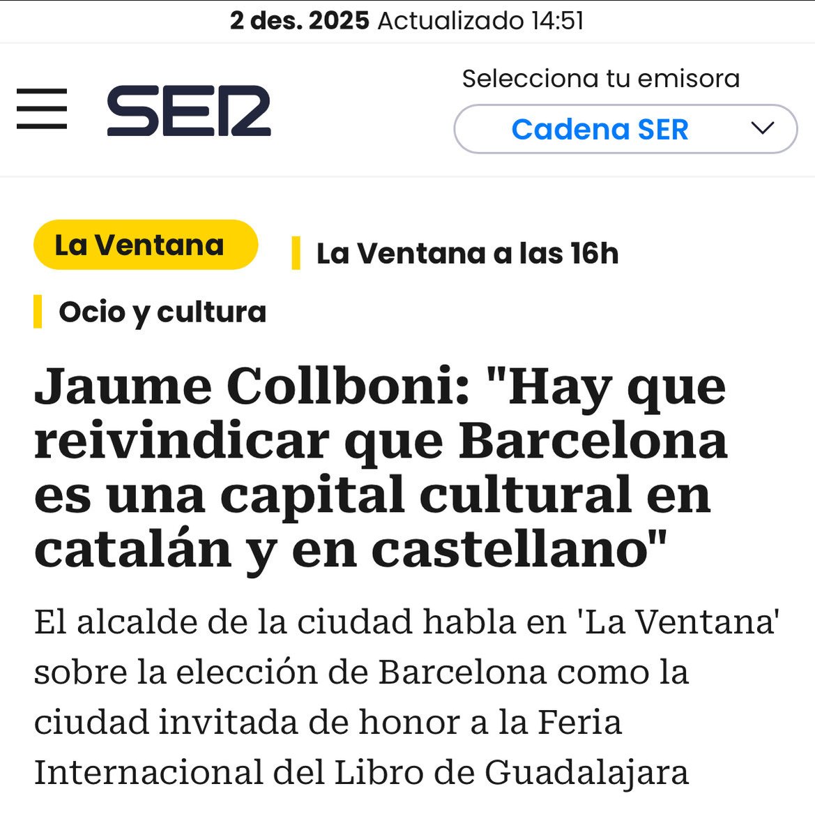 Doncs miri senyor Collboni, no. Barcelona és el cap i casal de Catalunya. Si vostè vol dedicar-se a promocionar el castellà sempre pot presentar-se d’alcaldable a Madrid. Barcelona és i ha de ser catalana.
<a href="/jaumecollboni/">Jaume Collboni</a> 
<a href="/CatalunyaAC/">Aliança Catalana</a> 
<a href="/Barcelona_ACat/">Aliança Catalana Barcelona</a>