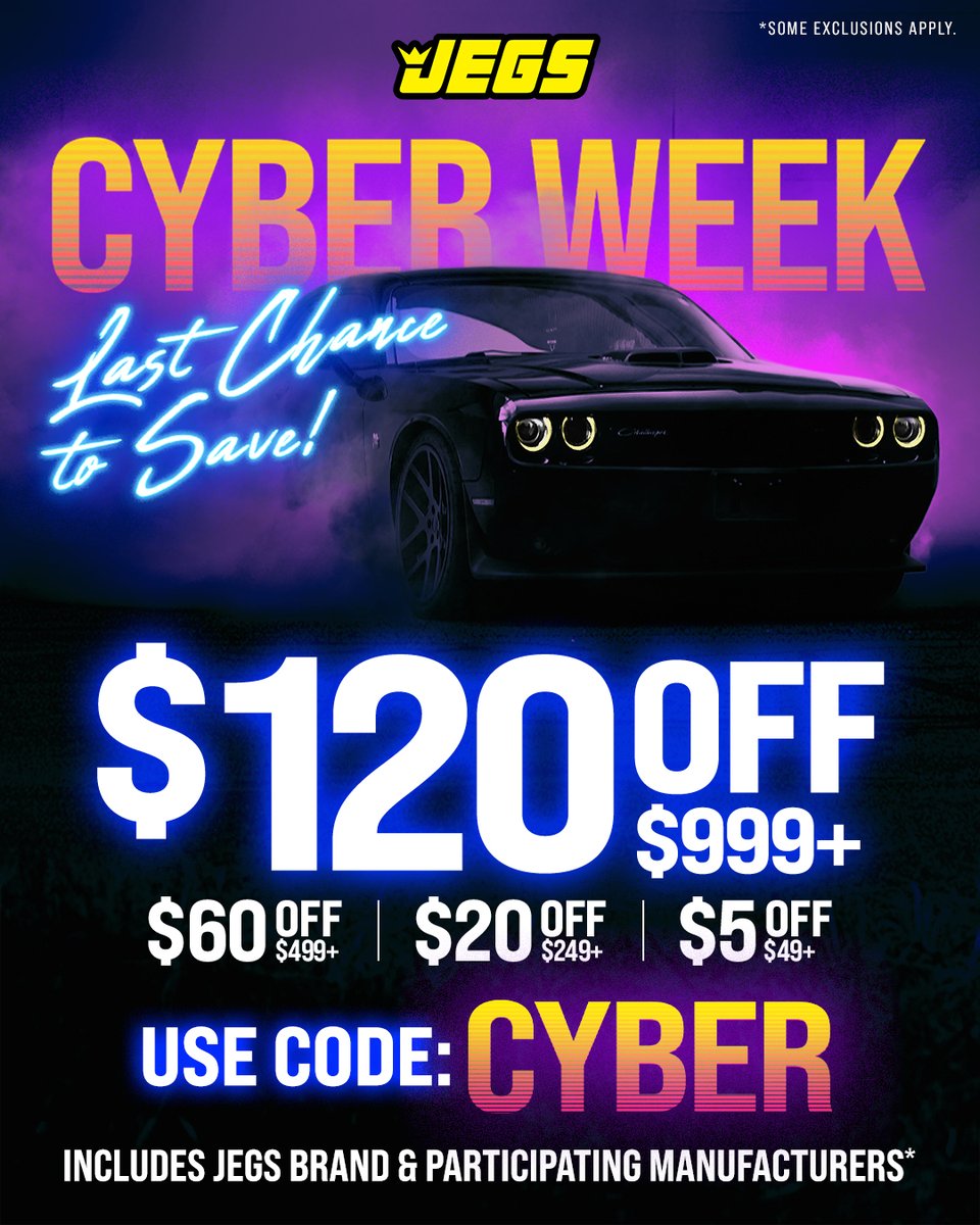 JEGSPerformance's tweet image. Cyber Week savings start now! Use code CYBER for up to $120 off across JEGS and participating manufacturers. If it’s on your list, now’s the time to hit checkout. ⚡ 

Shop now! bit.ly/4oAO1aF