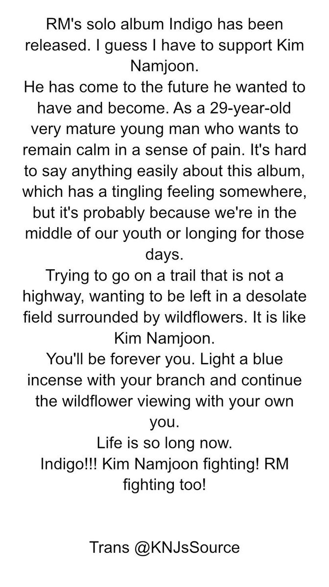 3 years ago, Younha shared an open letter to RM celebrating the release of Indigo

“Trying to go on a trail that is not a highway, wanting to be left in a desolate field surrounded by wildflowers. It’s like Kim Namjoon. You'll be forever you.”

#3YearsWithIndigo
RECORD OF RM