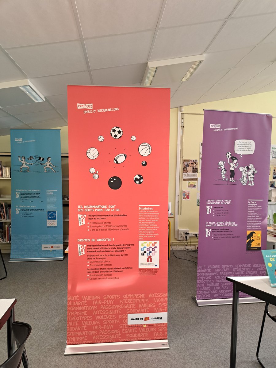 CDI : Expo 👍 "Sports et #Discriminations" prêtée par <a href="/Toulouse/">Toulouse - Mairie et Métropole 🎄</a> (Espace Diversités et Laïcité)
Le sport peut unir 🤝ou exclure.
A nous de jouer !
✅️Valeurs, respect, esprit d'équipe
❌️ Discriminations et dérives à bannir. 
<a href="/DAACToulouse/">DAAC Toulouse</a> <a href="/DSDEN31/">DSDEN 31</a>