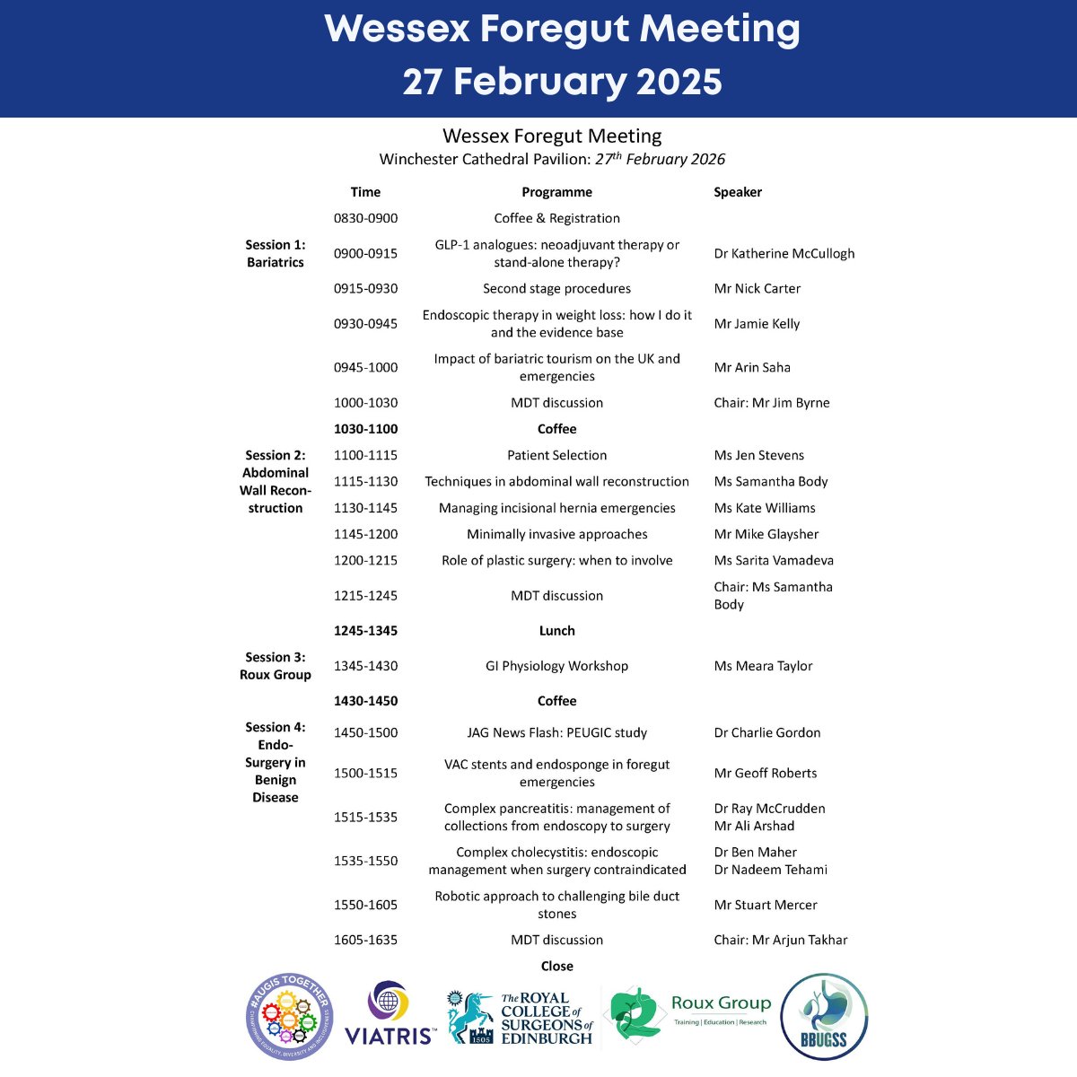 Wessex Foregut Meeting in Winchester Cathedral on 27 February 2026
Register here: lnkd.in/eg5GQWqf
Jihène El Kafsi, Andrew Smith, Nilanjana Tewari, Mark A Taylor, Tim Underwood, Paul Duckworth, James Gossage, Roux Group, ASIT