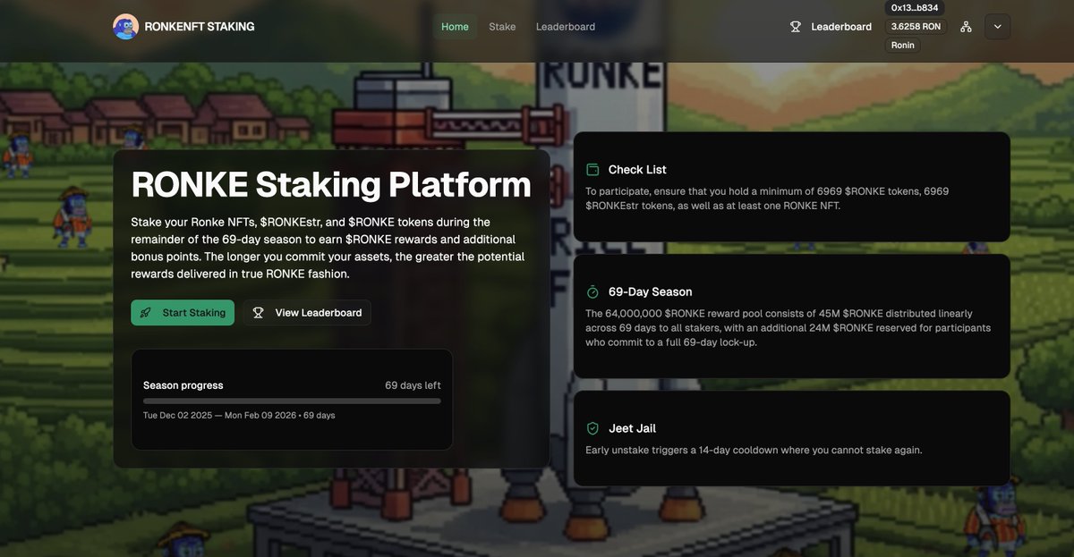 RONKEVERSE STAKING IS BACK FOR SEASON 2! 🥩   

- 69,000,000 $Ronke in rewards for 69 Days!
- Stake 6969 $RONKE + 6969 $Ronkestr + 1 NFT to earn your share of 69,000,000 $Ronke

- Multipliers based on NFT rarity + lock time (7d / 14d / 30d / 69d)  

🚨 Max 69 Days lock with the