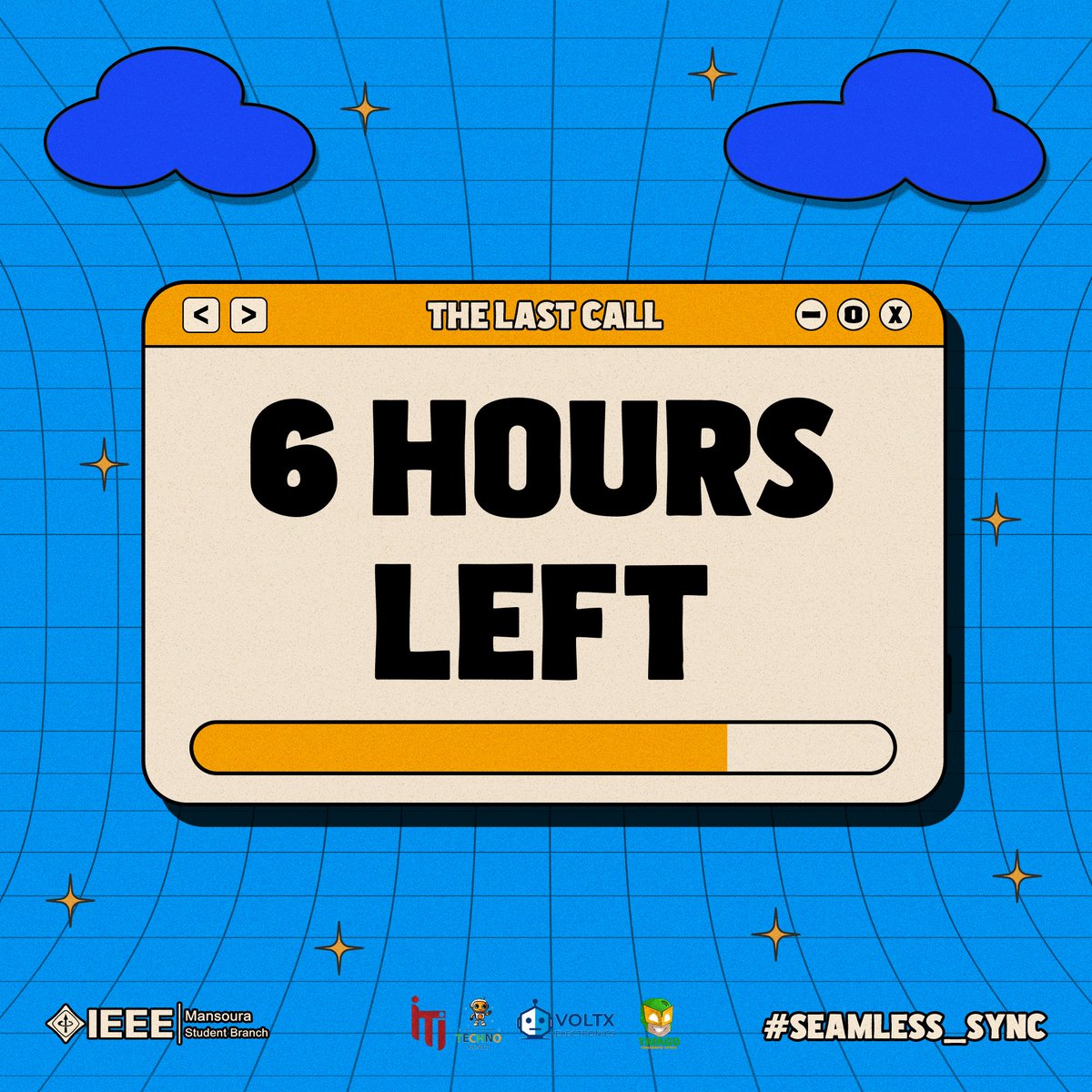 IEEEManSB's tweet image. The countdown is in its final phase.

Only 6 hours remain, and the system is nearing lockout.

Complete your proceeding now.

Register now: mansoura.ieee.org/committees

#IEEE_ManSB
#IEEE_ManCSC
#Seamless_Sync