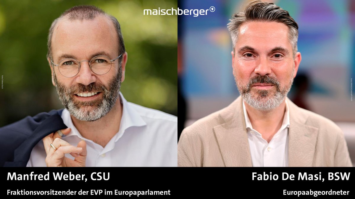Friedensplan für die #Ukraine und europäische Verteidigungspolitik: Morgen im Gespräch bei #maischberger der Fraktionsvorsitzende der <a href="/EPPGroup/">EPP Group</a> im Europaparlament <a href="/ManfredWeber/">Manfred Weber</a> (<a href="/CSU/">CSU</a>) und der Europaabgeordnete <a href="/FabioDeMasi/">Fabio De Masi 🦩</a> (<a href="/Buendnis_SahraW/">Bündnis Sahra Wagenknecht</a>). 

📺 Mittwoch um 22:50 Uhr im Ersten