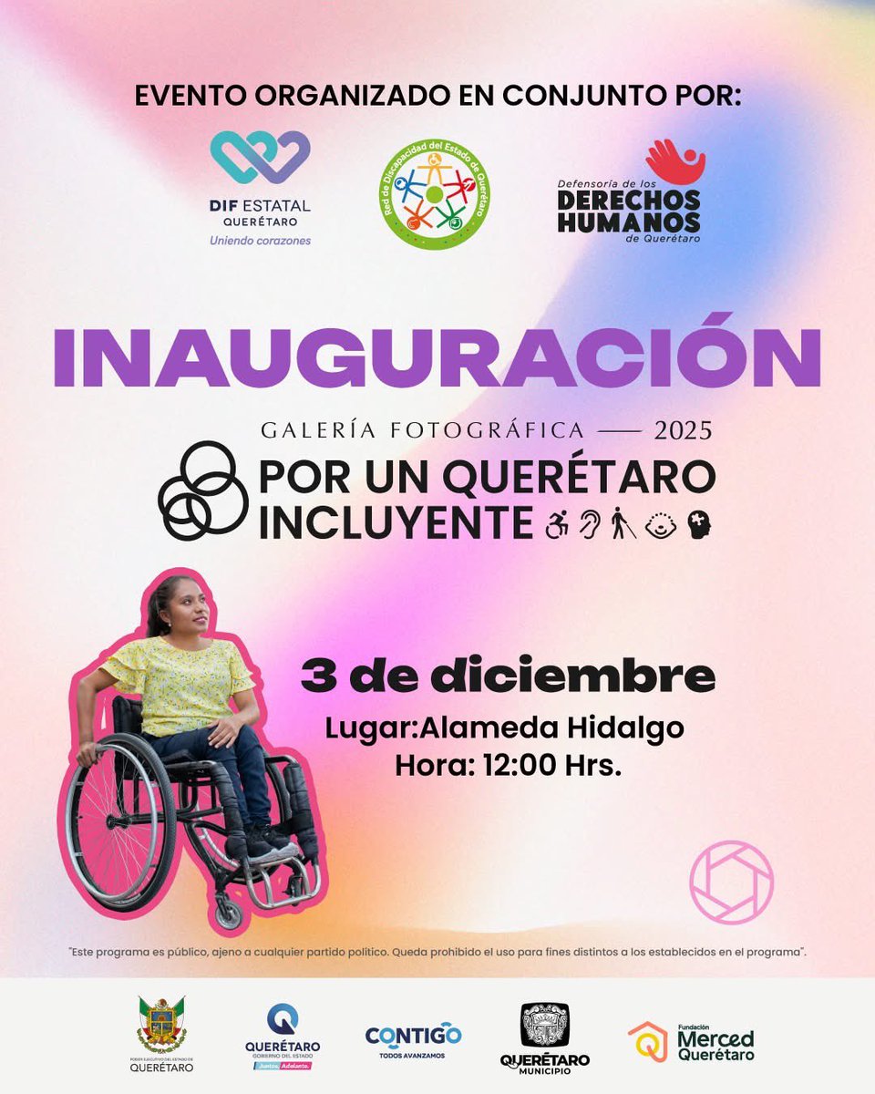 Te invitamos a la inauguración de la galería fotográfica Por un Querétaro Incluyente 2025. Un espacio para reconocer la diversidad, visibilizar historias y celebrar el derecho de todas las personas a vivir sin barreras.

#hechasdeloMISMO