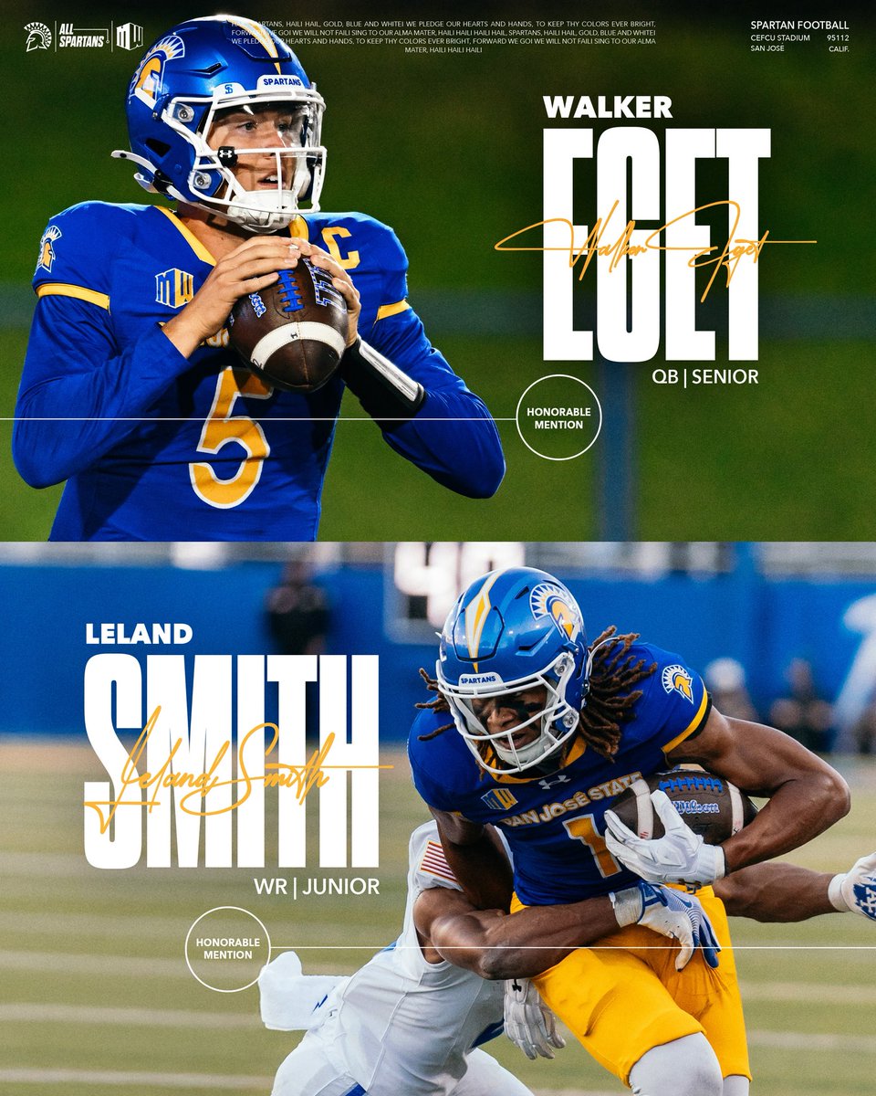 SanJoseStateFB's tweet image. 𝐀𝐥𝐥-𝐌𝐨𝐮𝐧𝐭𝐚𝐢𝐧 𝐖𝐞𝐬𝐭 𝐇𝐨𝐧𝐨𝐫𝐬 🏆

𝟏𝐬𝐭 𝐓𝐞𝐚𝐦
Danny Scudero
Jordan Pollard

𝐇𝐨𝐧𝐨𝐫𝐚𝐛𝐥𝐞 𝐌𝐞𝐧𝐭𝐢𝐨𝐧
Walker Eget
Leland Smith
Kyri Shoels
Vili Taufatofua

#ThisIsSparta | #AllSpartans