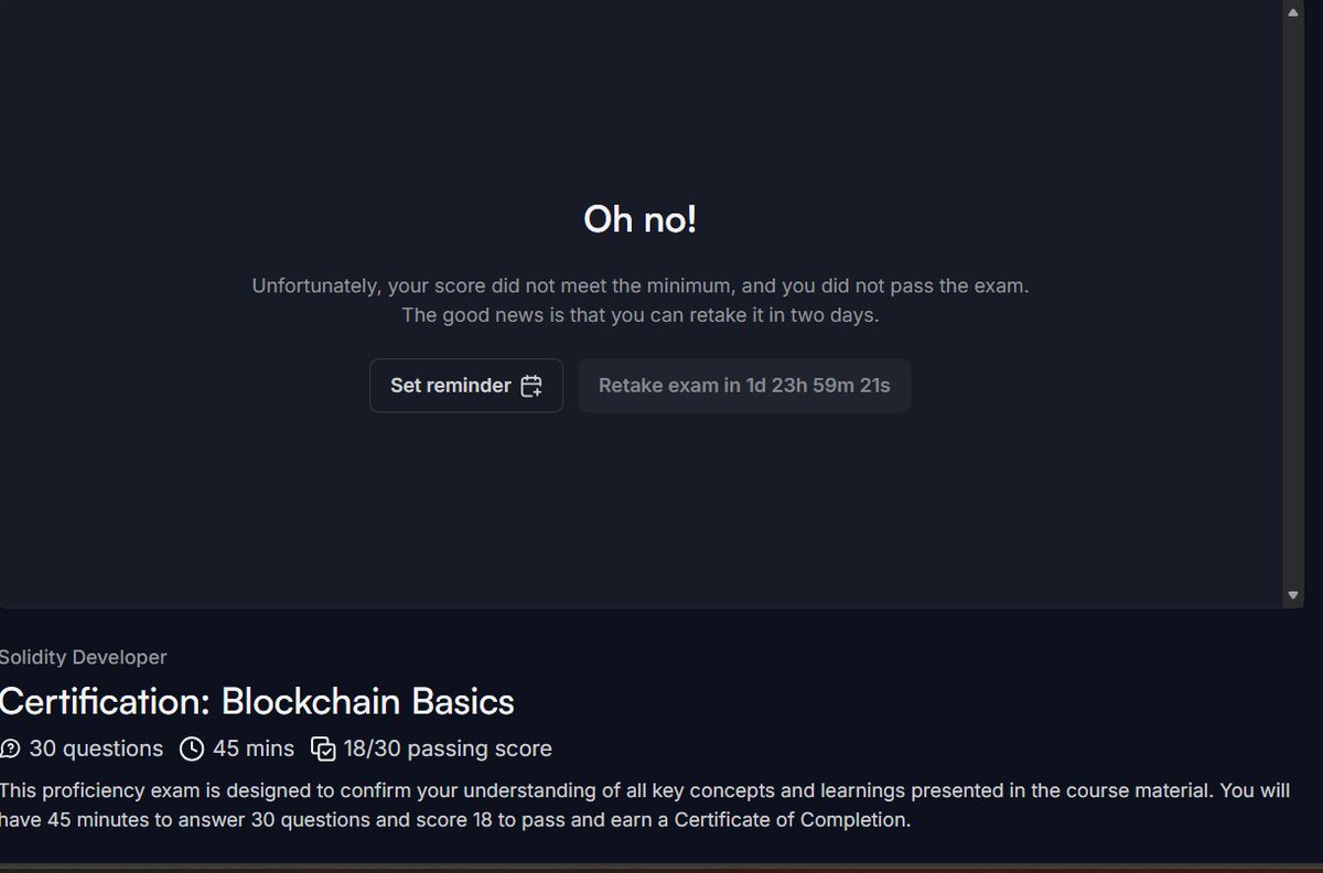 AdeolaEsuruoso's tweet image. Day 12 of learning #BlockchainDevelopment
It&apos;s been a while since I posted here.
Took the Blockchain Basics exam two days ago... and failed.
It hurts, but I&apos;m retaking it tonight.
It can always get better with time. 
#GrowthInWeb3 #Web3 #BuildingInPublic
x.com/AdeolaEsuruoso…