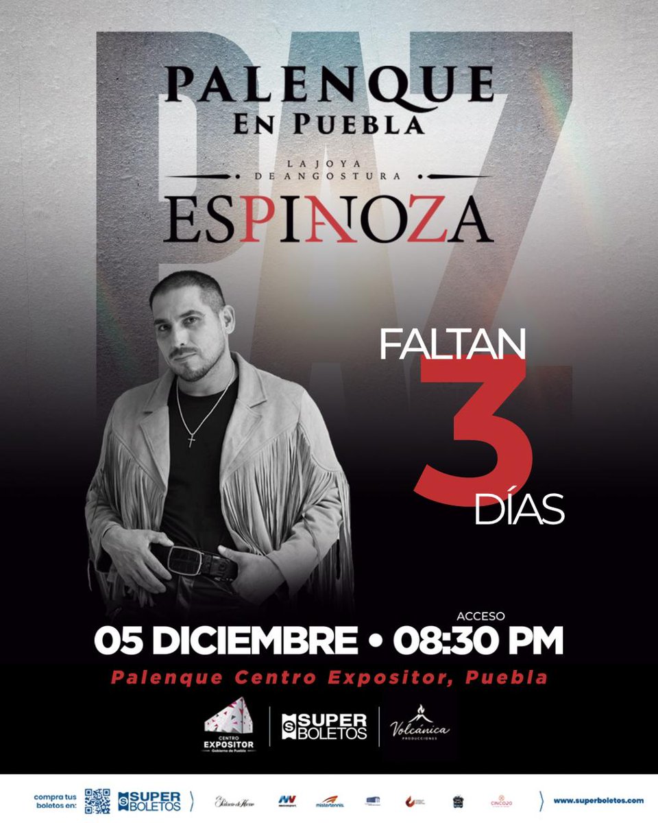 PoderNoticiaPue's tweet image. 🎤✨ ¡EL CANTAUTOR DEL PUEBLO LLEGA A PUEBLA! ✨🎤

FALTAN 03 DIAS

¡Espinoza Paz regresa con su nueva gira “La Joya de Angostura” para inaugurar el **Palenque Edición Diciembre 2025! 🤩

📅 Viernes 5 de diciembre | 8:30 PM
📍 Centro Expositor de Puebla

Prepárate para cantar…