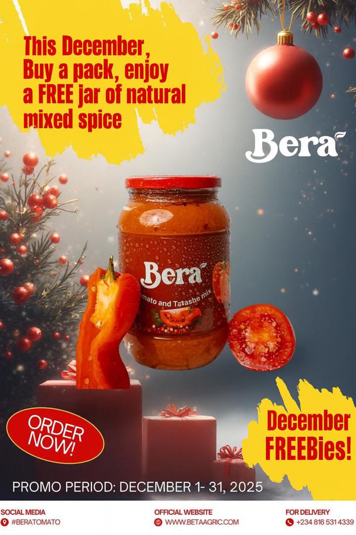 beratomato's tweet image. Now, make your next meal even better: buy one pack of Bera Paste and get a FREE jar of our 100% Natural Mix spices ! 🌶️🍅

Perfect flavor meets a perfect deal. Ready to cook smarter? DM to order now.

#BeraTomato #NaturalSpices #BuyOneGetOneFree #NaijaFood #RichFlavor