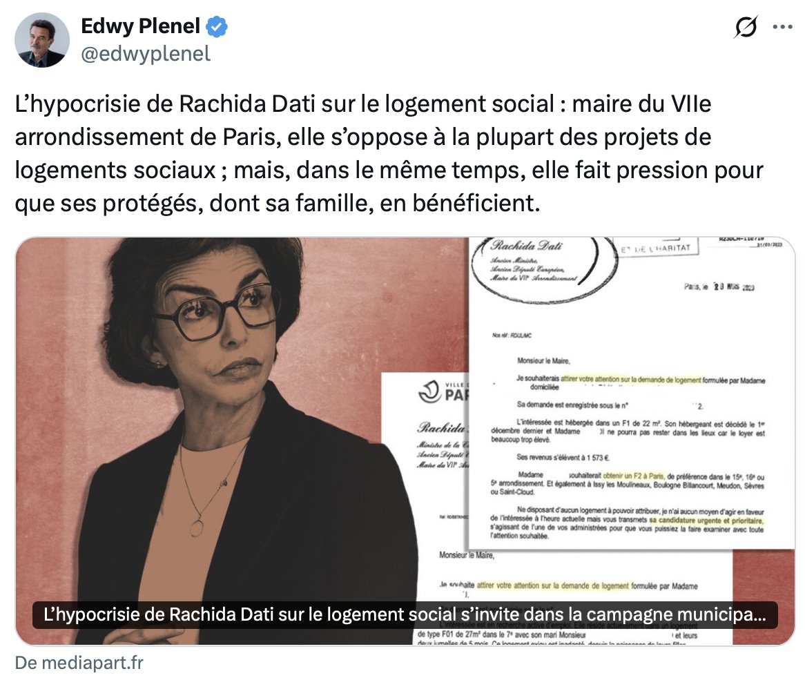 Tiens,
Hervé dit Edwy Plenel n'a pas oublié qu'il a été hébergé avec Mediapart à tarif préférentiel pendant 13 ans par Ana María Hidalgo Aleu, dite Anne Hidalgo.
Il est temps de renvoyer l'ascenseur dans ce monde de faux-semblants parasites donneurs de fausses leçons.