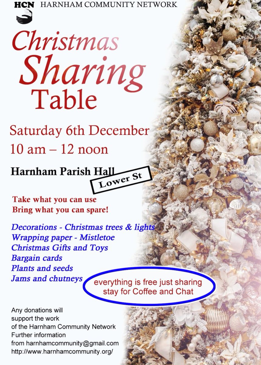 Coming up this Saturday, the Christmas Sharing Table is back at the parish hall at 10am. Bring any Christmas-related items you don't need, take what you can use. (No need to bring an item to swap). Coffee &amp; chat also available